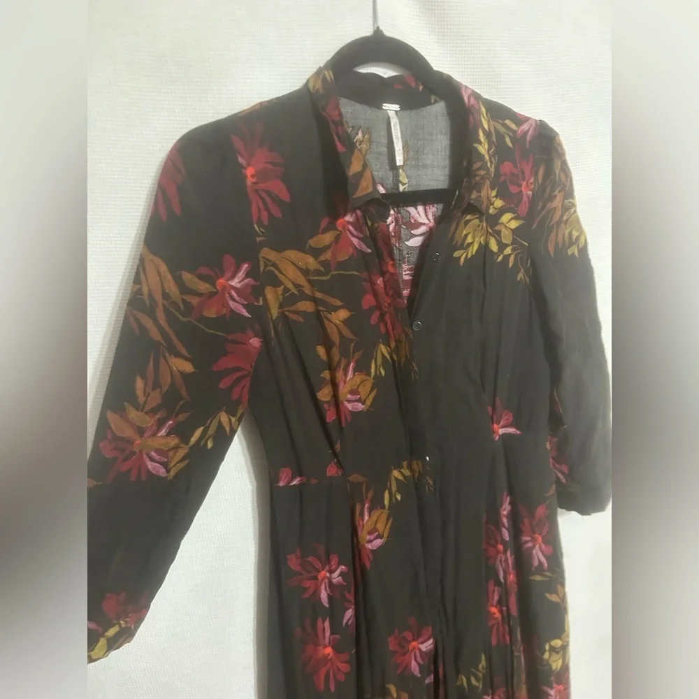Rare Free People After The Storm Black Red Floral Print Boho Maxi Shirt Dress 4